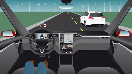 Driverless car on the road. Vehicle with self-driving mode. Vector illustration