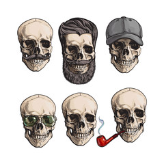 Set of human skull bones with sunglasses, beard, moustache, smoking pipe, sketch vector illustration isolated on white background. Hand drawn skull with smoking pipe, cap, hipster beard, sunglasses