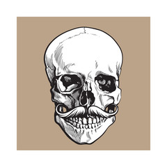 Hand drawn human skull with curled upward hipster moustache, black and white sketch style vector illustration isolated on brown background. Realistic front view hand drawing of human skull
