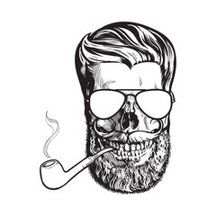 Human skull with hipster beard, wearing aviator sunglasses, smoking pipe, black and white sketch vector illustration isolated on white background. Hand drawing of human skull with beard and whiskers