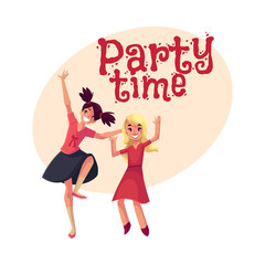 Two girls, one teenager with black ponytails, another blond preschooler, dancing at party, cartoon style invitation, banner, poster, greeting card design. Party invitation, advertisement