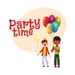 Black and Caucasian little boys with balloons, birthday celebration party, ,cartoon style invitation, banner, poster, greeting card design. Party invitation, advertisement, Two boys, kids