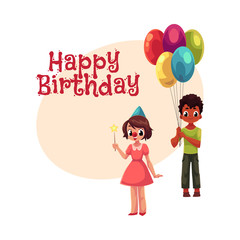 Happy birthday vector greeting card, poster, banner design with Black boy with bunch of balloons and caucasian girl in birthday cap. Two kids, boy and girl, holding birthday balloons and star stick