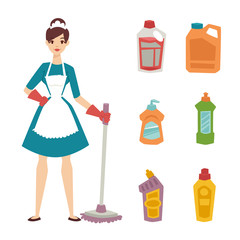 Housewife girl homemaker cleaning pretty girl wash cleanser chemical housework product equipment vector.