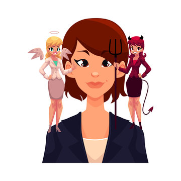 Business woman with angel and devil on shoulders, decision making concept, cartoon vector illustration isolated on white background. Woman trying to make decision, choice listening to angel and demon