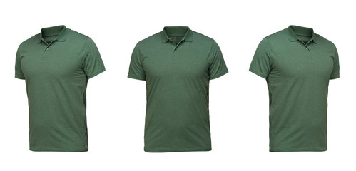 Green polo shirt. t-shirt front view three positions on a white background