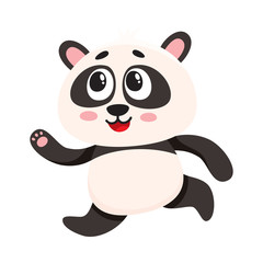 Cute and funny smiling baby panda character running, hurrying somewhere, cartoon vector illustration isolated on white background. Cute little panda bear character, mascot running fast
