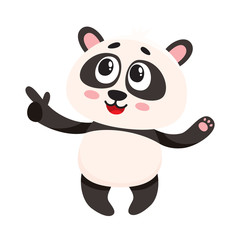Funny smiling baby panda character pointing to something with finger, cartoon vector illustration isolated on white background. Cute little panda bear character, mascot pointing. showing something