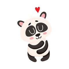 Cute and funny smiling baby panda character hugging itself, showing love, cartoon vector illustration isolated on white background. Cute little panda bear character, mascot, symbol of love