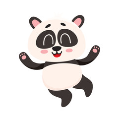 Cute and funny smiling baby panda character jumping from happiness, cartoon vector illustration isolated on white background. Happy little panda bear character, mascot jumping excitedly