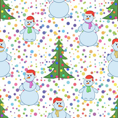 Christmas Holiday Seamless Background with Cartoon Snowmen Family, Mother, Father and Baby in Red Santa Claus caps and Fir Tree, Symbolical Tile Pattern with Colorful Confetti for Your Design. Vector