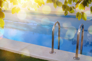 Pool ladder in pool with leaves and sun