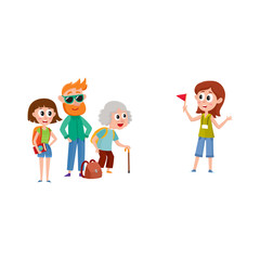 Tour guide with group of tourists, cartoon vector illustration isolated on white background. Group of tourists listening to young, pretty girl guide telling something interesting, sightseeing