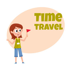 Travel time poster, banner, postcard design with pretty girl tour guide, cartoon vector illustration on white background. Travel agency, tour ad design template with cartoon, comic female guide