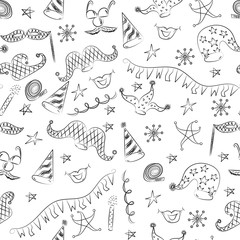 Seamless Pattern of Hand Drawn Party Symbols. Children Drawings of Masquerade Elements. Sketch Style.. Vector Illustration.