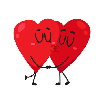 Two hearts kissing each other, holding hands, couple in love concept, cartoon vector illustration on white background. Funny couple of hearts kissing, eternal love concept, Valentine day