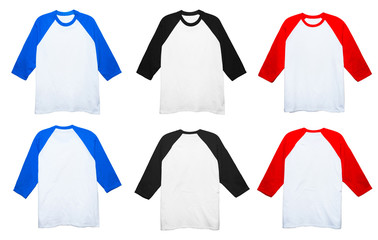 blank Cotton 3/4 Sleeve Raglan t shirt front and back view set on white background