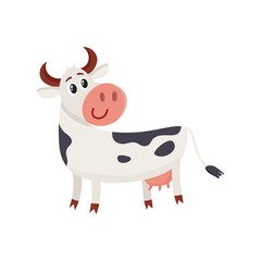 Funny black white spotted cow standing and looking back, cartoon vector illustration isolated on white background. Funny cow character with head turned back, dairy, farm concept