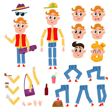 Hipster man character creation set with different gestures and emotions, cartoon vector illustration on white background. Funny hipster, young man creation set, moving arms, legs, animation ready