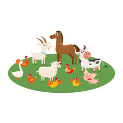 Farm animals - cow, sheep, horse, pig, goat, rooster, hen, goose- grazing in the pasture, cartoon vector illustration isolated on white background, Cute and funny farm animals grazing on green lawn