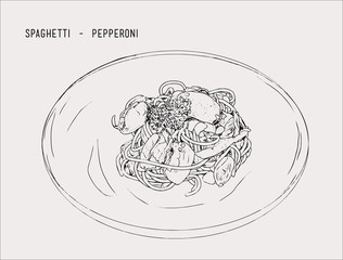 pepperoni spaghetti Hand drawn sketch vector.