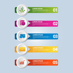 Obraz premium Vector illustration. An infographic template with 5 steps and an image of five rectangles and circles. Use for business presentations, education, web design. Place for text and icons