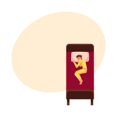 Man sleeping in bed, wearing pajamas, lying on side uncovered, top view cartoon vector illustration with space for text. Top view of man sleeping sweetly on his side, wearing pajamas, lying in bed