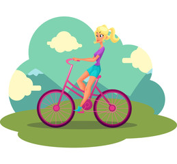 Young pretty blond woman, girl riding pink bicycle, cycling, cartoon vector illustration. Full length side view portrait of pretty blond woman riding pink bicycle, cycling in countryside,