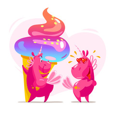 Vector flat ice cream food illustration with pink unicorns.