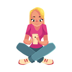 Young woman playing with smartphone, using mobile phone, sitting legs crossed, cartoon vector illustration isolated on white background. Woman, girl in jeans and t-shirt sitting with mobile phone