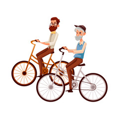 Old and young man, father and son, grandfather and grandson, riding bicycle, cycling together, cartoon vector illustration isolated on white background. Old and young men, tourists riding bicycles
