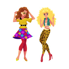 Two girls, women, friends in 1980s, eighties style clothes dancing disco, cartoon vector illustration isolated on white background. Girls, women in 80s style clothing dancing at retro disco party