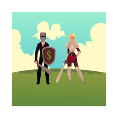 Two knights - modern businessman warrior and medieval armored woman, cartoon vector illustration isolated on white background. Modern business knight, medieval woman stands on green grass