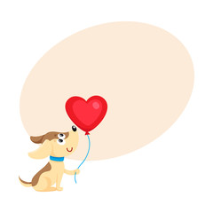 Cute and funny dog, puppy holding red heart shaped balloon, cartoon vector illustration with space for text. Dog, puppy holding heart balloon, birthday greeting decoration