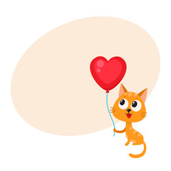 Cute and funny cat, kitten holding red heart shaped balloon, cartoon vector illustration with space for text. Cat, kitten holding heart balloon, birthday greeting decoration