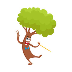 Funny comic tree character dancing step with walking cane, cartoon vector illustration isolated on white background. Funny smiling tree character, mascot in bow tie dancing with walking stick, cane