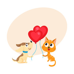 Cute and funny dog and cat holding red heart shaped balloon, cartoon vector illustration with space for text. Puppy and kitten holding heart balloon, birthday greeting decoration elements