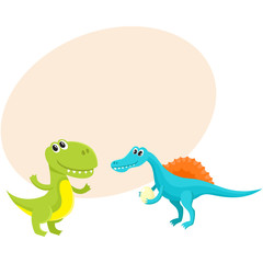 Two cute and funny baby dinosaur characters - spinosaurus and tyrannosaurus, cartoon vector illustration with space for text. Happy smiling spinosaurus and T-rex dinosaur characters