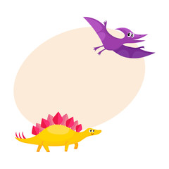 Two funny baby dinosaur characters - stegosaurus and pterodactyloidea, cartoon vector illustration with space for text. Happy smiling stegosaurus and pterodactyloidea dinosaur characters