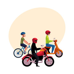 Motorcycle, scooter and bicycle drivers, riders wearing helmet, side vew, cartoon vector illustration with space for text. Motorcycle, scooter, bicycle, types of typical urban transport