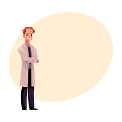 Male, man doctor in white medical coat standing confidently with arms folded, crossed on breast, cartoon vector illustration with space for text. Full length portrait of male, man doctor