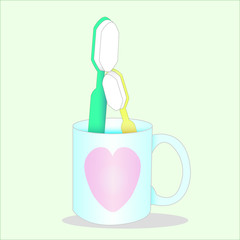 green toothbrush and yellow toothbrush in lovely heart blue glass. Vector . Illustration.