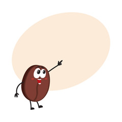 Funny coffee bean character with human face pointing, drawing attention to something, cartoon vector illustration with space for text. Happy coffee bean character, mascot, design element