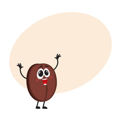 Funny, crazy looking coffee bean character with human face with raised arms, hands up, cartoon vector illustration with space for text. Crazy coffee bean character, mascot, design element