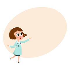Comic woman doctor character with bob haircut wearing medical coat, pointing to something, cartoon vector illustration with space for text. Full length portrait of funny woman doctor pointing