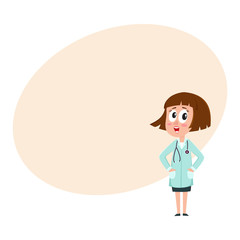 Comic woman doctor character with bob haircut standing hands in pockets, cartoon vector illustration with space for text. Full length portrait of funny woman doctor looking surprised