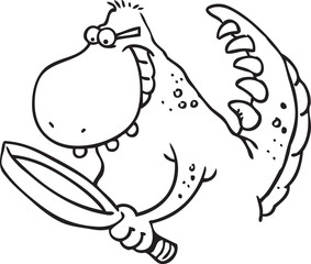 Black and white illustration of a dinosaur looking through a magnifying glass.