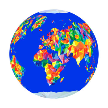 Globe with all continents World Map from triangles. Origami style. Polygonal pattern for your design.