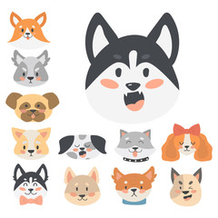 Funny cartoon dog character heads bread cartoon puppy friendly adorable canine vector illustration.