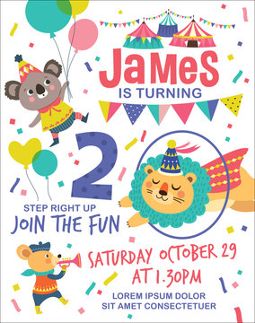 Kids birthday party invitation card with circus theme